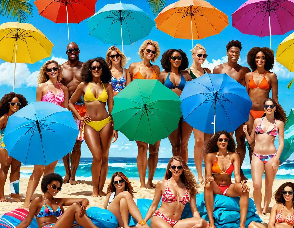 A vibrant beach scene featuring diverse individuals of all body types showcasing the latest swimwear trends, with colorful beach umbrellas and towels in the background. Include a sunny sky, crystal-clear waves, and a lively atmosphere with people enjoying summer activities like beach volleyball and swimming. Emphasize bold patterns, textures, and styles in the swimwear. super-realistic. bright colors. lively background.