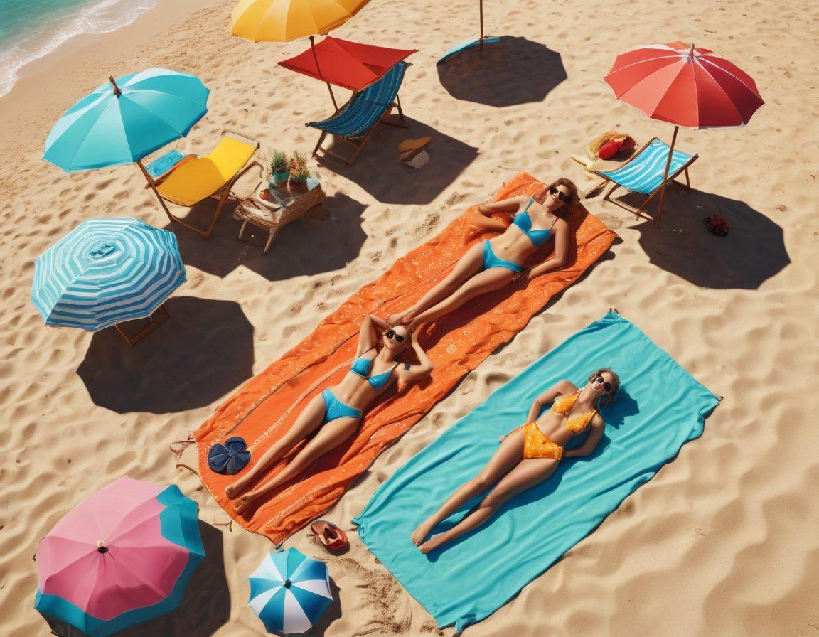 A vibrant beach scene showcasing a diverse group of people wearing a mix of vintage and sustainable swimwear, basking in the sun. Include colorful umbrellas, playful beach towels, and surfboards in the background. The atmosphere should radiate joy and style, capturing the essence of summer fashion trends. super-realistic. bright colors. 3D.