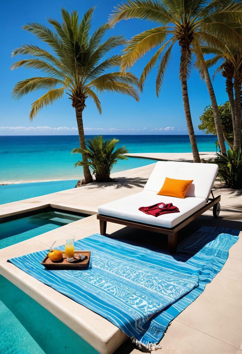 A sun-soaked poolside scene featuring a stylish lounge area with fashionable swimwear elegantly draped across a vibrant beach towel. Include a refreshing cocktail on a small table, with palm trees swaying in the background under a clear blue sky. Capture the essence of a luxurious resort lifestyle, emphasizing bright colors and relaxation. super-realistic. vibrant colors. tranquil atmosphere.